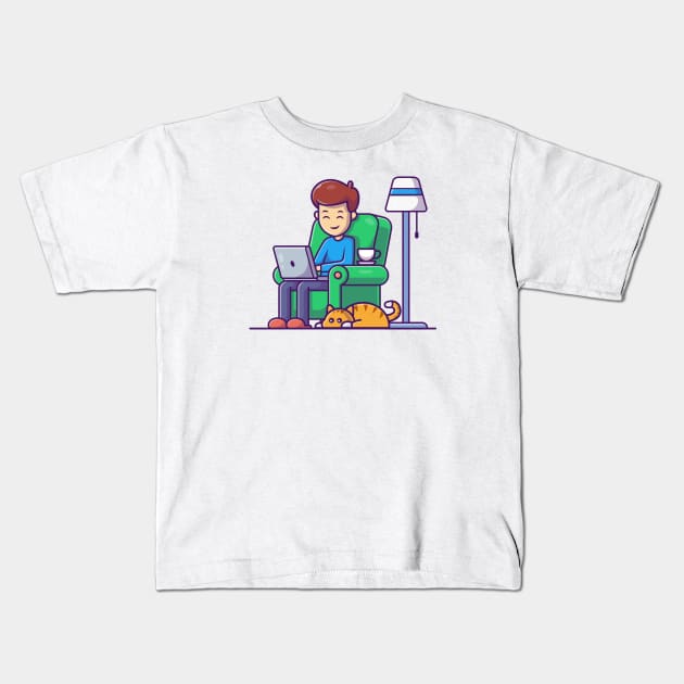 Male working on computer with cat cartoon Kids T-Shirt by Catalyst Labs